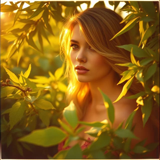 Magnificent heavyset Traditional (Jill Valentine:1.1) , Lip Ring, foliage, at Golden hour, Instax, octane engine, indigenous, magic atmosphere, contemporary fine detail, quality, dramatic, delicate, epic composition, flowing, striking