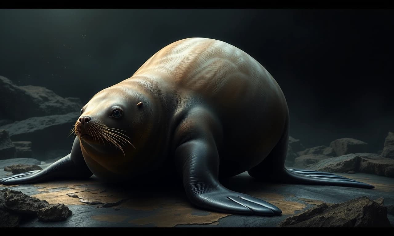 Мне нужно воссоздать японского морского льва (на латинском Zalophus japonicus). Этот японский морской лев, обитавший в Японском море, вымер к 1950-м годам из-за охоты на него и загрязнения окружающей среды.Японские морские львы были крупными животными, но, как и у многих ластоногих, самцы были значительно крупнее самок.
Самцы: Длина тела достигала примерно 2,5–3 метров, вес мог превышать 500 кг.
Самки: Были меньше, около 1,5–2 метров в длину и весом до 300 кг.
Имели типичное для ушастых тюленей обтекаемое мускулистое тело, хорошо приспособленное для плавания. Голова относительно крупная, с хорошо выраженной шеей.
Морда: Удлинённая, слегка сужающаяся к носу.
Ноздри: Расположены на конце морды, овальной формы.
Губы: Толстые, мясистые, с чувствительными вибриссами (усами).
Вибриссы (усы): Очень длинные, густые, беловатые или светло-серые.
Глаза: Крупные, тёмные, расположены по бокам головы. 
Ушные раковины: Ярко выраженные маленькие наружные ушные раковины (отличительная черта ушастых тюленей), которые они могли загибать внутрь при погружении.
Череп: Отличался от черепа калифорнийского морского льва, имел свои специфические черты, которые использовались систематиками для его идентификации (например, форма черепа, зубы).
Основной цвет: Шерсть была преимущественно темно-коричневого или серовато-коричневого цвета. 
Изобразить  передние ласты тюленя - он мог «ходить» на передних ластах, опираясь на них, в отличие от настоящих тюленей, которые передвигаются по суше, извиваясь всем телом.