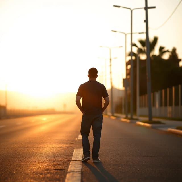 A lone man standing on a quiet street at dawn, seen from behind. He is calm, at peace, hands in his pockets. He is not running, not chasing anyone. Ahead of him — soft morning light, empty road, open sky. Behind him — fading shadows of the past. No masks, no chains, no walls. Just a man and the road. Style: cinematic, photorealistic, minimal, emotional, symbolic. Vertical composition. No text. Mood: letting go, quiet strength, the first step into a life that finally belongs to you.