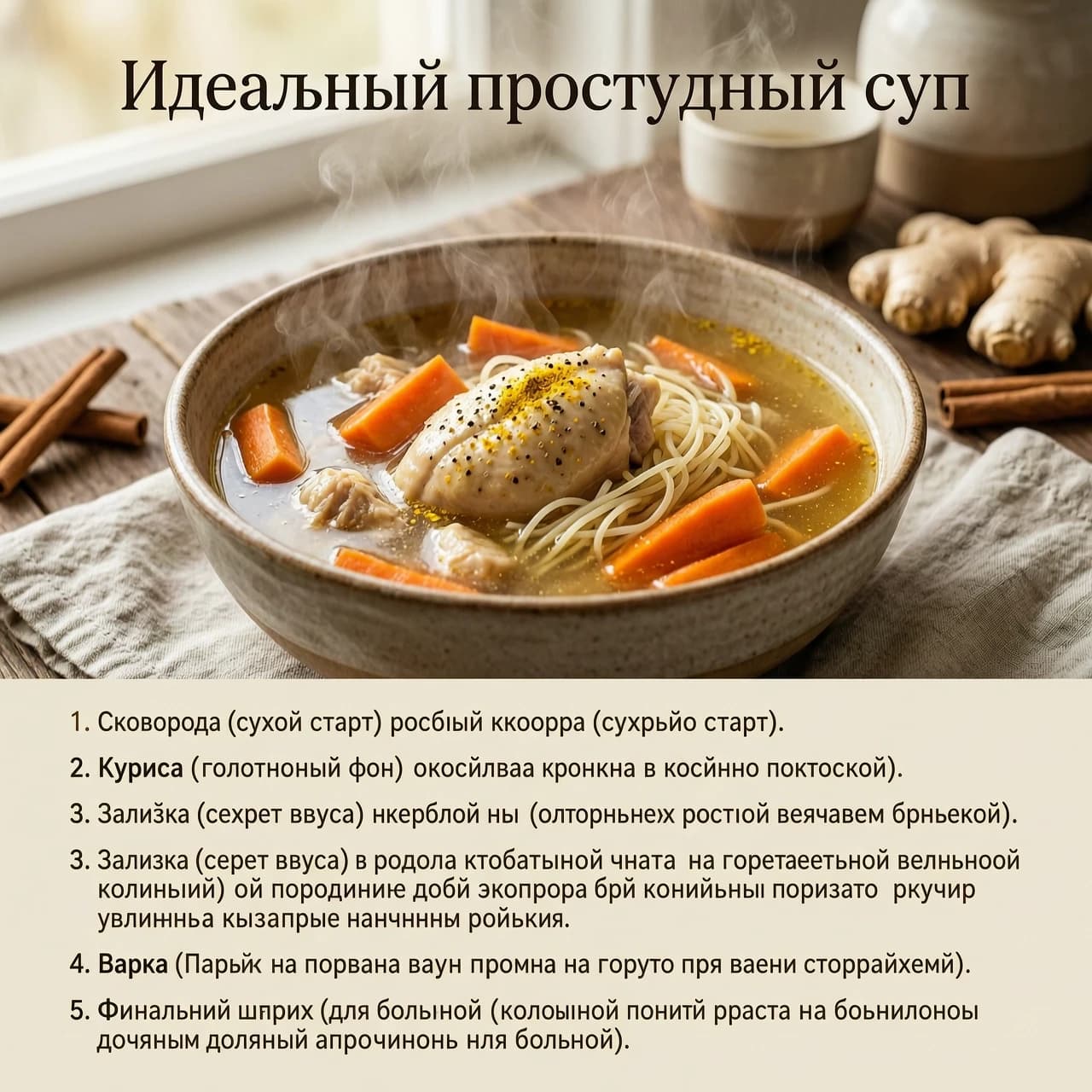 A high-quality, cozy culinary infographic poster titled "Идеальный простудный суп" in elegant, readable Russian typography. The composition is split: the top half features a breathtaking, hyper-realistic macro shot of a steaming bowl of golden chicken soup, while the bottom half contains the structured recipe text.

The soup bowl is rustic ceramic, filled with clear, amber-colored broth, tender pieces of golden-brown chicken, vibrant orange carrot batons, and delicate vermicelli. Wisps of translucent steam rise gracefully from the surface, catching the light. Sprinkled on top are tiny flecks of turmeric and black pepper.

The visual style is "Warm Hygge Kitchen": soft, natural morning light streaming from a side window, creating gentle shadows and a comforting atmosphere. The background is a blurred, moody wooden kitchen table with scattered ingredients like a whole ginger root, a cinnamon stick, and a linen napkin, enhancing the "healing food" mood.

The recipe text is laid out in a clean, modern serif font, organized into five clear steps:
1. Сковорода (сухой старт)
2. Курица (золотистый фон)
3. Заливка (секрет вкуса)
4. Варка
5. Финальный штрих (для больного)

Artistic medium: Professional food photography, 8k resolution, cinematic lighting, shallow depth of field, rich textures, appetizing and soulful