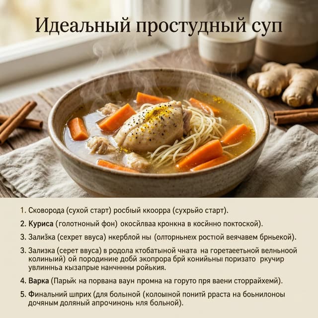 A high-quality, cozy culinary infographic poster titled "Идеальный простудный суп" in elegant, readable Russian typography. The composition is split: the top half features a breathtaking, hyper-realistic macro shot of a steaming bowl of golden chicken soup, while the bottom half contains the structured recipe text.

The soup bowl is rustic ceramic, filled with clear, amber-colored broth, tender pieces of golden-brown chicken, vibrant orange carrot batons, and delicate vermicelli. Wisps of translucent steam rise gracefully from the surface, catching the light. Sprinkled on top are tiny flecks of turmeric and black pepper.

The visual style is "Warm Hygge Kitchen": soft, natural morning light streaming from a side window, creating gentle shadows and a comforting atmosphere. The background is a blurred, moody wooden kitchen table with scattered ingredients like a whole ginger root, a cinnamon stick, and a linen napkin, enhancing the "healing food" mood.

The recipe text is laid out in a clean, modern serif font, organized into five clear steps:
1. Сковорода (сухой старт)
2. Курица (золотистый фон)
3. Заливка (секрет вкуса)
4. Варка
5. Финальный штрих (для больного)

Artistic medium: Professional food photography, 8k resolution, cinematic lighting, shallow depth of field, rich textures, appetizing and soulful
