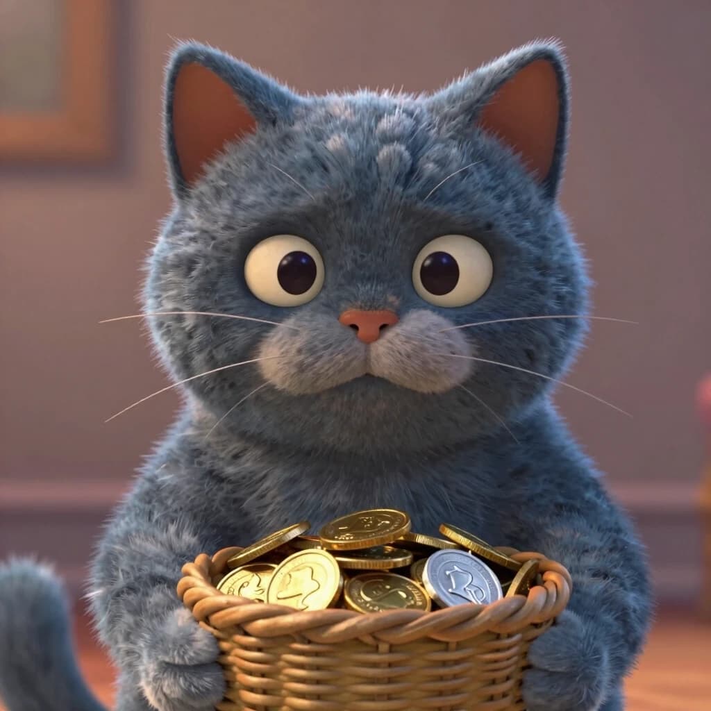 pixar britis cat blue-grey color   держит лапkax корзинку  , в корзинке монеты золотые и серебренные
