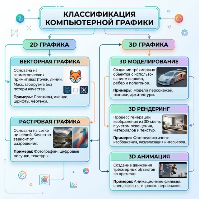 Сгенерировать  схему классификации видов компьютерной графики. Обязательно с графическими примерами самих изображений. Надо сгенерировать схему разных компьютерных график с примерами изображений на каждую графику сделай как схему. Названия напиши на русском. Не ошибайся в названия слов