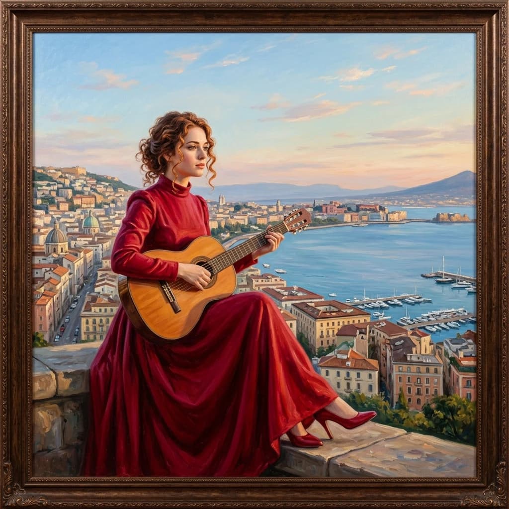 The image is a painting of a young woman sitting on a ledge with a guitar in her hands. She is wearing a long red dress with a high neckline and long sleeves. Her hair is styled in loose curls and she is wearing red high heels. The background shows a beautiful view of a cityscape with buildings and a body of water. The sky is blue and the overall mood of the image is peaceful and serene. The painting is done in a realistic style with vibrant colors and intricate details.