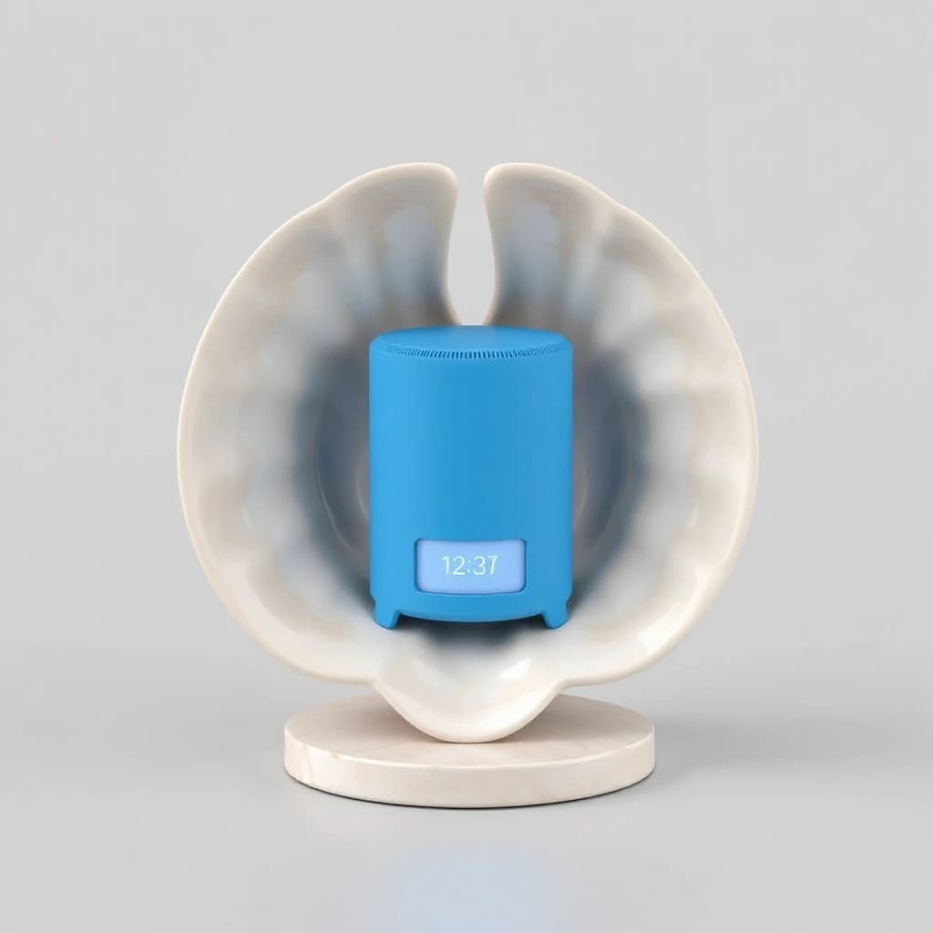 3D product visualization, a smart speaker shaped like a short wide cylinder (its height is noticeably less than its diameter), sitting inside a two-part seashell stand. The shell consists of two asymmetrical valves, slightly open, embracing the speaker. The speaker height is only 1/3 of the shell's total height — the shell is tall and sculptural, the speaker is deeply nestled inside. Front of the shell has a rectangular cutout revealing the speaker's clock display. The speaker color is bright blue. The shell material looks like matte mother-of-pearl or smooth sea stone. Soft studio lighting, isometric view, neutral background. Product photography style, ultra-detailed.