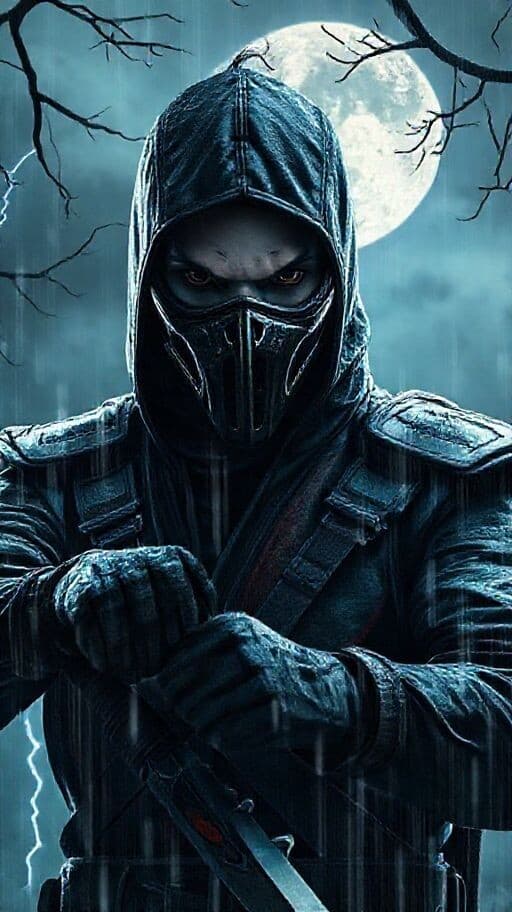 An epic image in the style of Cyberpunk fantasy. A spectacular outfit, drawing details and contours, drawing eyes, a stern determined look, a beautiful mask on his face in the style of the game Mortal Kombat. Striking pose, casual angle, beautiful combat weapon in hand. Branches of lightning, heavy rain, the full moon appears from behind the clouds.