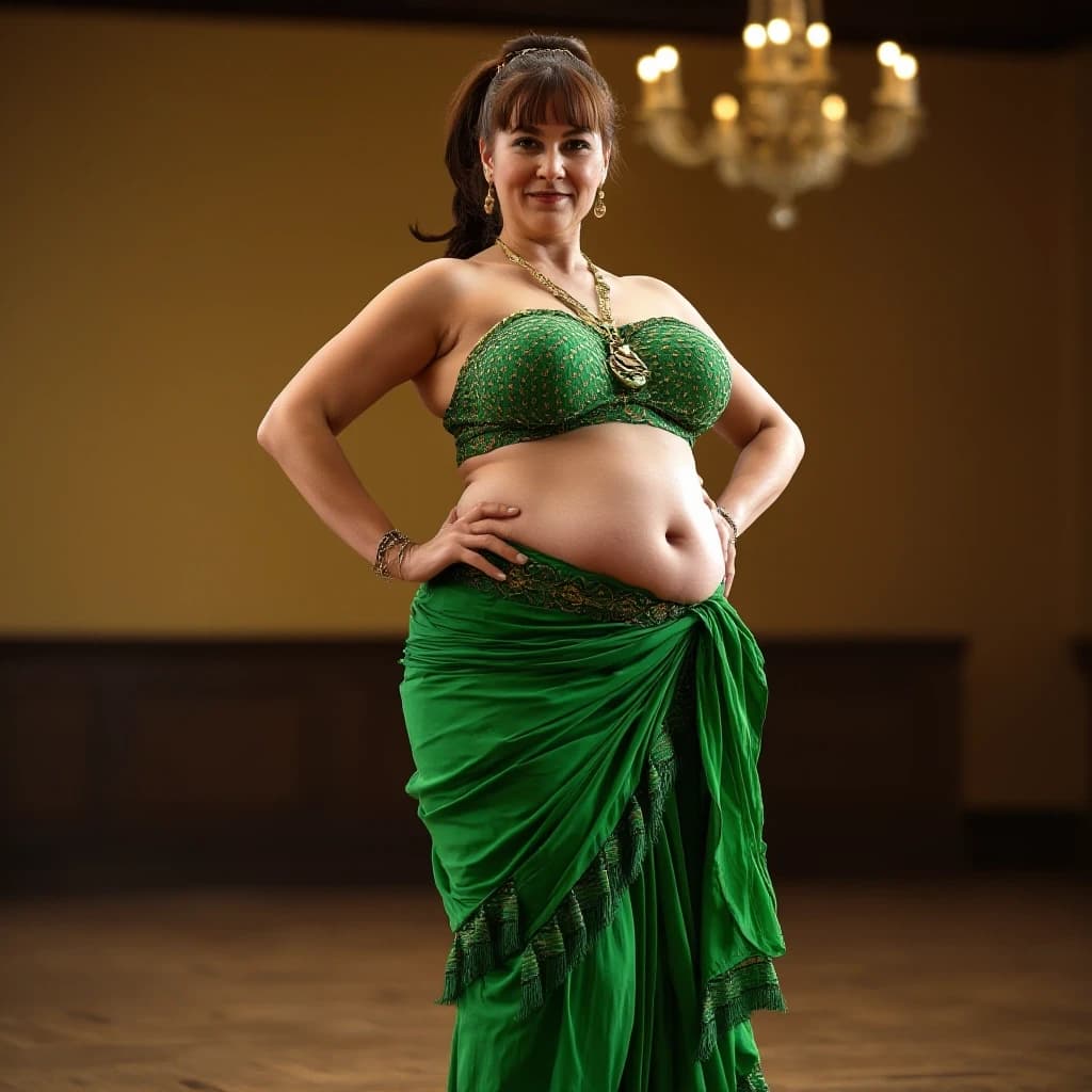 front view chubby belly dancer fifty years woman in green costume brown short ponytail hair stand in hall