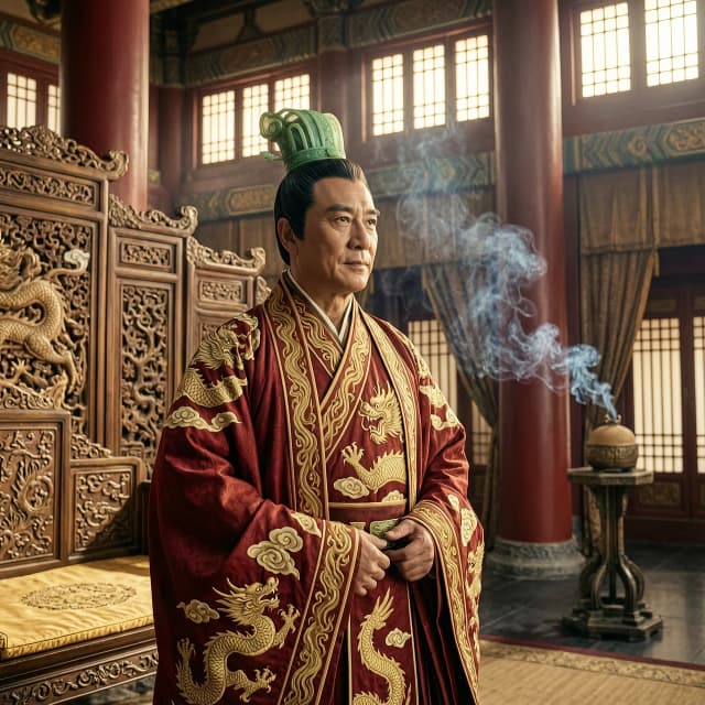 Hyper-realistic cinematic portrait of Emperor Wu of Jin, Sima Yan, standing in a majestic imperial throne room. He is a dignified Chinese emperor of the 3rd century, dressed in opulent, multilayered Hanfu silk robes of deep vermilion and imperial gold, intricately embroidered with soaring dragons and swirling clouds. He wears a traditional jade crown (guan) with exquisite filigree details. His expression is one of calm authority and profound wisdom. The setting is a grand palace hall with towering vermilion pillars, ornate carved sandalwood screens, and incense smoke curling gracefully in the air. The lighting is dramatic chiaroscuro, with soft golden sunlight streaming through high lattice windows, catching the fine textures of the silk and the sheen of jade. Composition is a regal medium shot, eye-level, creating a sense of immense power and historical weight. Artistic style: high-end historical epic film still, 8k resolution, masterful oil painting texture blended with photorealism, rich color palette of cinnabar, gold, and deep emerald, highly detailed textures of fabric and skin.