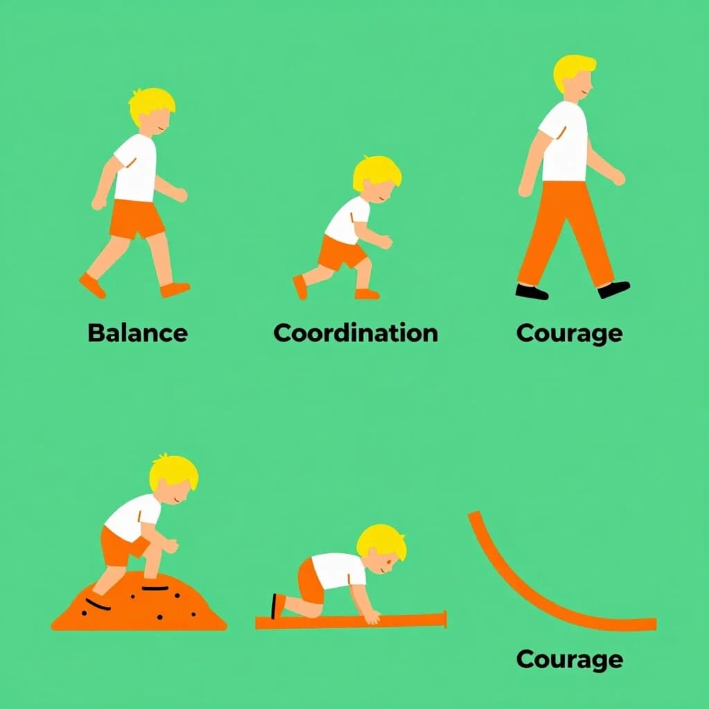 Infographic: stylized figures of Caucasian children and parents (blond hair) sequentially pass an obstacle course – step over bumps, crawl under a stick, climb a mat. Next to each action labels: «Balance», «Coordination», «Courage». Minimalist style with accent colors (green, orange).