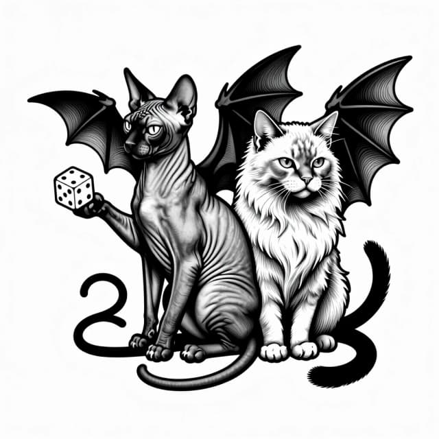 Tattoo design, engraving style. A hairless Sphynx cat with bat wings and a fluffy cat with griffin wings sitting back to back, but their tails and wings intertwine into one chaotic shape. The Sphynx offers a loaded die with its paw, the fluffy cat looks away innocently but its griffin wing reaches for the die. Trickster energy, black and white etching, fine cross-hatching, symmetrical composition.