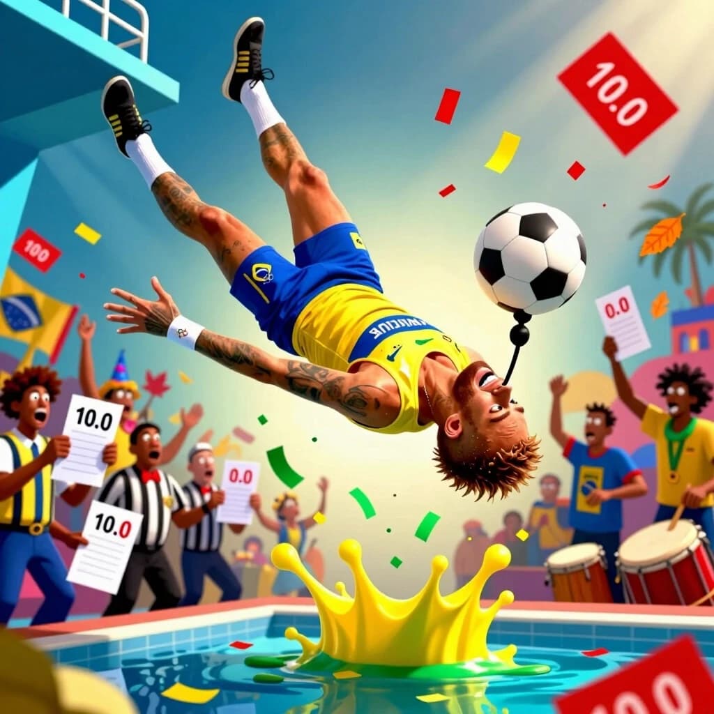 Hyper-exaggerated, grotesque caricature of Neymar, instantly recognizable by his ever-changing hairstyle, expressive face, and love for dramatic falls. He is suspended mid-air in a perfect Olympic diving pose, his body arching backwards with exaggerated grace, arms outstretched as if reaching for a 10.0 score. His legs are comically twisted, as if he's been hit by a truck, yet his hair is perfectly styled and his smile is dazzling. A splash of yellow and green confetti erupts beneath him, and a dozen confused referees are holding up scorecards ranging from 10.0 to 0.0. The ball is casually balanced on his nose, while a pile of red cards floats down like autumn leaves. The background is a chaotic Brazilian carnival scene with drums and dancers. Vibrant, theatrical, hyper-detailed, grotesque, 2:3 vertical. No text.