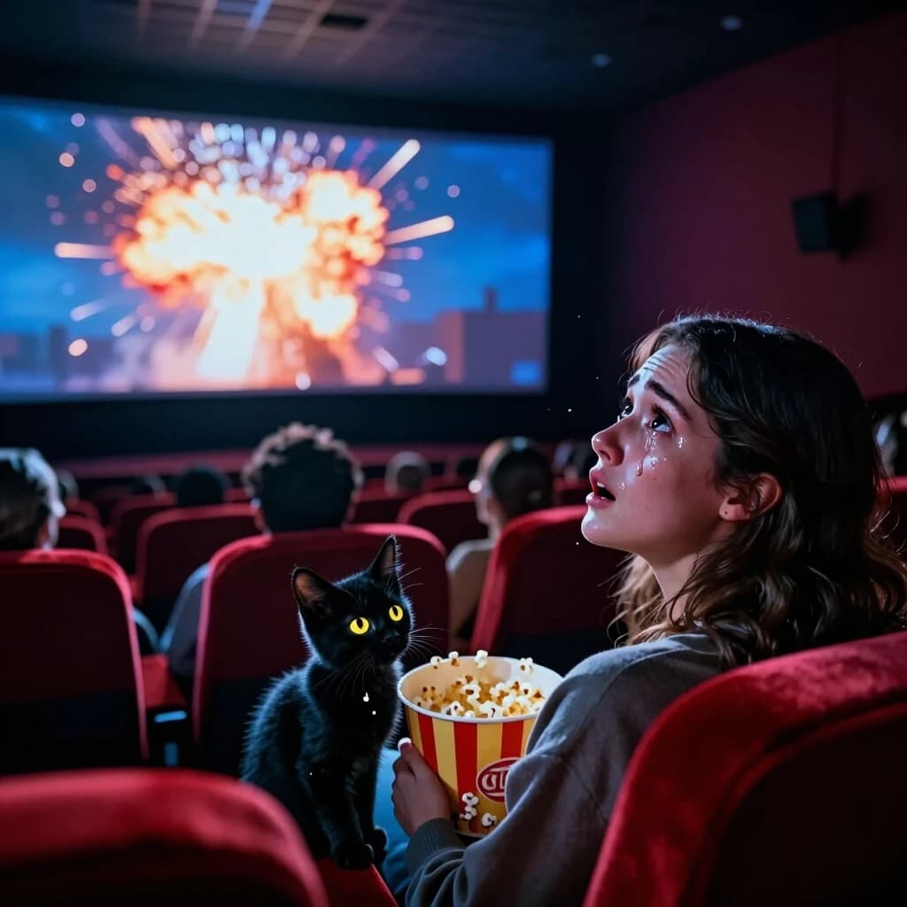 Photorealistic cinematic shot, 8K, Octane render, dramatic lighting. Wide shot with a low-angle camera tilted slightly up, looking from the back row of the cinema towards the screen — this angle makes the rows of heads feel like an ocean of anticipation. It’s the peak emotional moment of the film: the screen glows with a massive explosion, and the entire audience is frozen in a collective gasp. In the foreground, a young woman’s face is caught in a dramatic close-up: her eyes are wide, tears welling up, mouth slightly open in shock, every eyelash and tiny crease visible. She’s holding a half-empty popcorn bucket, and a few kernels have spilled onto her lap. Right beside her on the armrest, a tiny fluffy black kitten with glowing yellow eyes is also staring at the screen, its ears perked up in total fascination — as if it understands the stakes. The air is thick with cinematic atmosphere: floating dust motes catch the blue glow from the screen, and the red velvet of the seats has deep, rich texture. Rim light outlines the woman’s silhouette, separating her from the dark audience behind. Mood: collective emotion, suspense, cinematic awe.