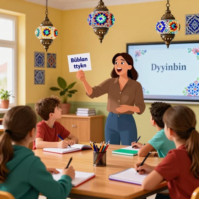 A beautiful classroom decorated with traditional Turkish elements like colorful mosaic lamps and Iznik tiles in the background. A passionate teacher is holding up flashcards with Turkish words. Students are taking notes in colorful notebooks. Warm, inviting atmosphere, highly detailed illustration, vibrant colors.