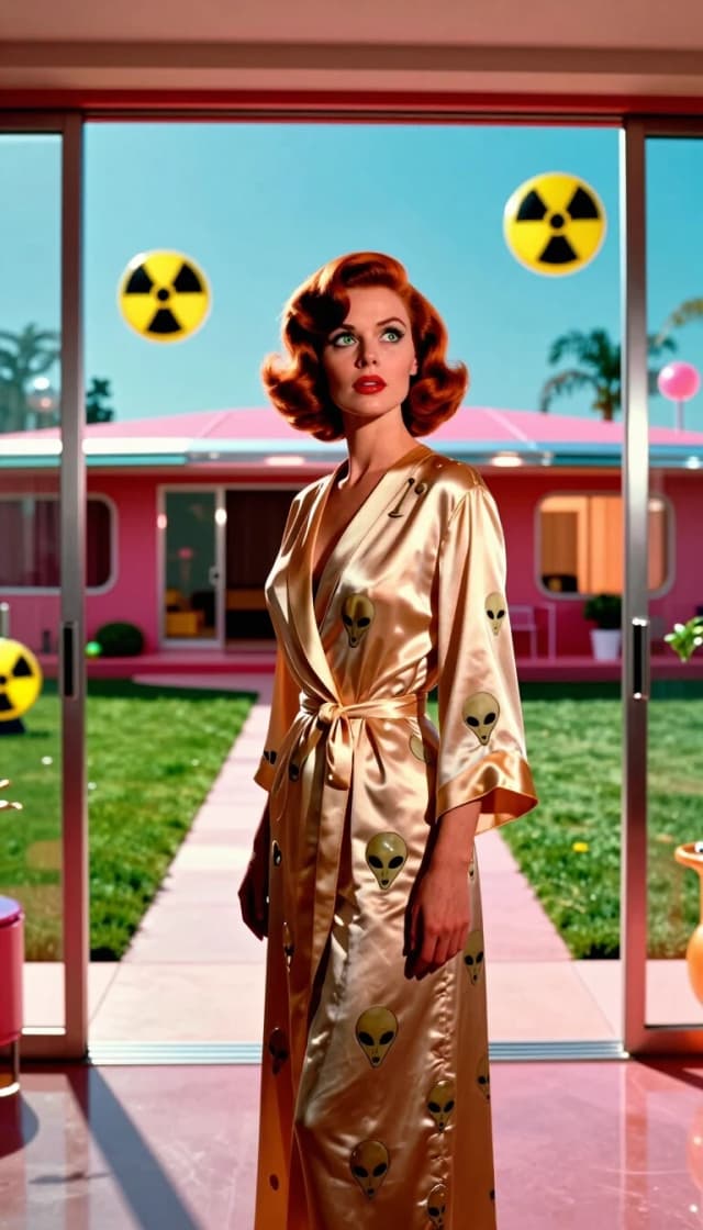 A thirty-year-old woman with Toffee Twilight Tango hair falling over one eye stands in a graceful vertical pose inside a retro-futuristic 1950s nuclear home. Her beige skin glows under bright, Technocity lighting that blends warm optimism with eerie, sharp mid-century shadows. She wears a sculpted robe covered in carved alien symbols, made from silk that reflects the room’s gleaming chrome fins. Her grey-green eyes widen in a look of paranoid luxury as she surveys the scene, framed head-to-thigh to emphasize the stacked depth of the space. The setting features flawless lawns pressing against glass doors and floating radiation hazards that drift lazily in the air., Movie still from 1950s Atompunk sci-fi thriller,  Style: Bright Technicolor aesthetics blend with eerie mid-century sci-fi tension, capturing 1950s nuclear optimism within a retro-futuristic suburban dystopia. Expect flawless lawns, gleaming chrome fins, and radiation hazards creating a sense of paranoid luxury. The image feels like a cinematic movie still, balancing vibrant colors with sharp linework to evoke a specific era of paranoid, luxurious fantasy.
Steps: 6, CFG scale: 1, Sampler: er_sde, Seed: 871916768690364, Model: Krealism_V1, width: 768, Family: krea2, height: 1344, Version: luna-generates 0.1.0