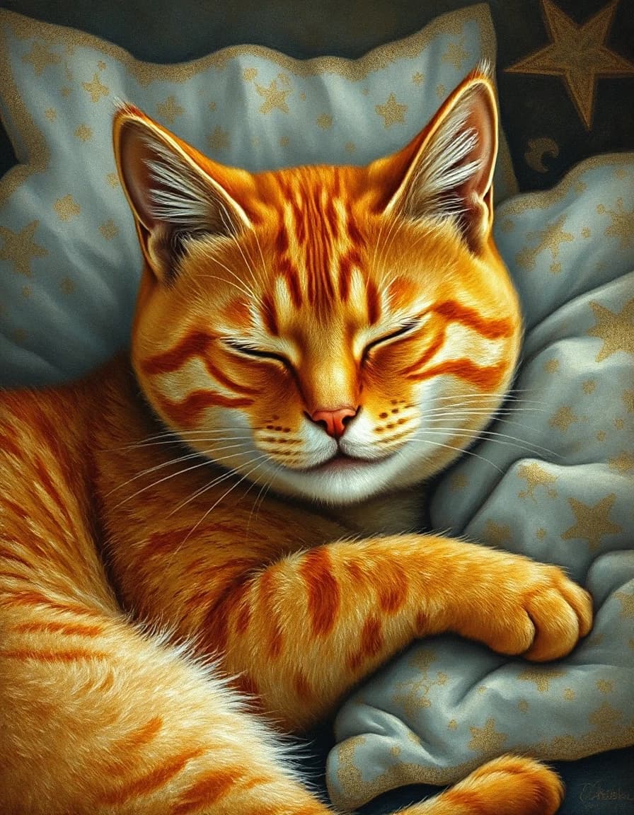 A masterpiece. Abstraction, surrealism, fantasy, fairy‑tale style. The image is executed in the pointillism style. (How an artificial intelligence would depict the aesthetics of a sleeping ginger cat:1.8). Close-up. High resolution. High quality. Increased attention to fine details. Artistic painting style: pointillism. The painting is a fairy‑tale canvas, an illustration. Increased attention to fine details and texture. Artist: Albrecht Dürer.