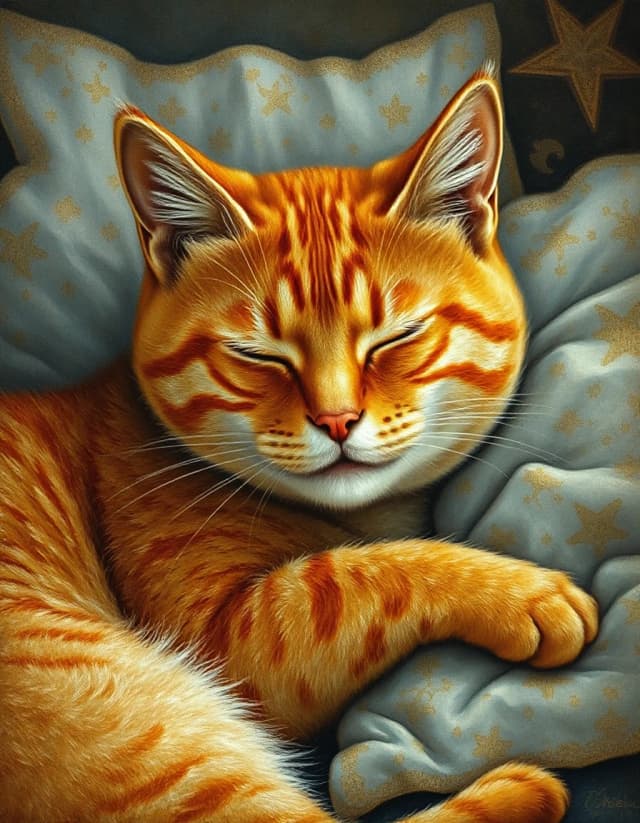 A masterpiece. Abstraction, surrealism, fantasy, fairy‑tale style. The image is executed in the pointillism style. (How an artificial intelligence would depict the aesthetics of a sleeping ginger cat:1.8). Close-up. High resolution. High quality. Increased attention to fine details. Artistic painting style: pointillism. The painting is a fairy‑tale canvas, an illustration. Increased attention to fine details and texture. Artist: Albrecht Dürer.