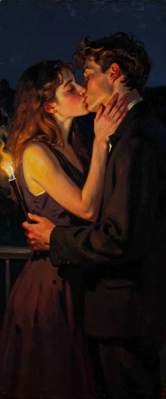 Oil painting, romance, first kiss, a 20-year-old boy and an 18-year-old girl, night, lighting like from a candle or torch, dark background, Daniel Gerhartz style