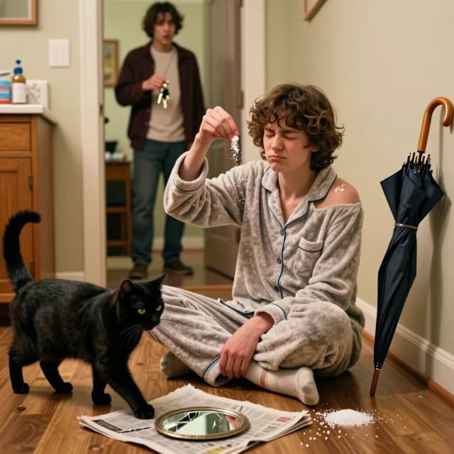 Cinematic humorous photorealistic shot of a young person in cozy pajamas sitting on the floor of a hallway, eyes squeezed shut, tossing a pinch of salt over their left shoulder with dramatic concentration. Around them: a black cat walking past, a broken mirror carefully placed on newspaper, spilled salt, and an open umbrella indoors. The cat looks at the person with a deeply unimpressed, sarcastic expression. In the blurred background, a neighbor stands at the door holding keys, looking confused and just wanting to get through. The room is warm and slightly messy. . Playful, ironic, relatable, warm lighting, photorealistic, shallow depth of field, 4:5 aspect ratio.