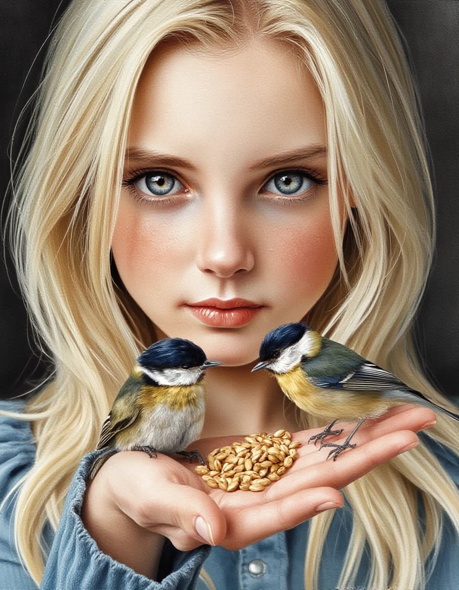 A masterpiece. Style: watercolour. (Image. A beautiful girl, a striking blonde with expressive gray‑green eyes and sharp facial features, is feeding a tit on her palm with wheat grains. At the same time, she herself does not eat wheat.):1.8. High quality. High resolution. Increased attention to small details and texture. Artist: Sergey Andriyaka.