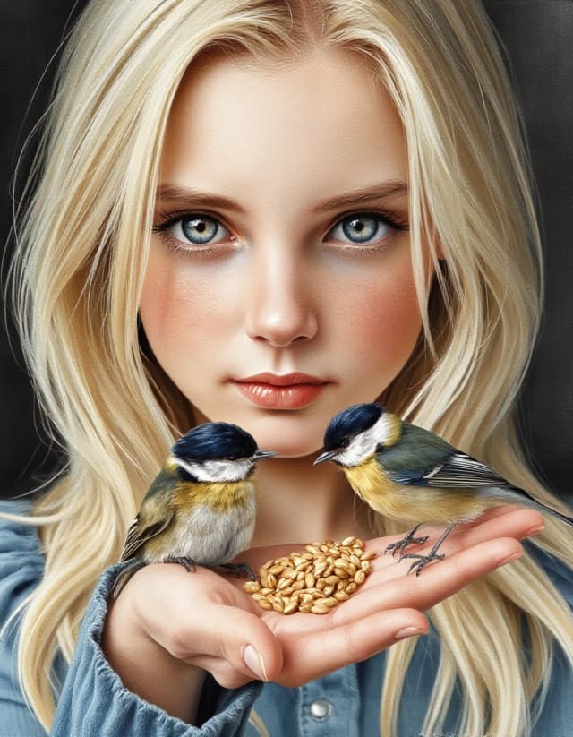 A masterpiece. Style: watercolour. (Image. A beautiful girl, a striking blonde with expressive gray‑green eyes and sharp facial features, is feeding a tit on her palm with wheat grains. At the same time, she herself does not eat wheat.):1.8. High quality. High resolution. Increased attention to small details and texture. Artist: Sergey Andriyaka.