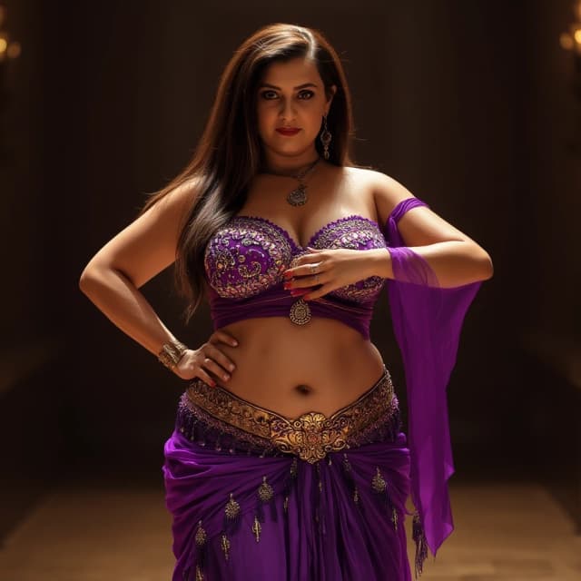 front view chubby belly dancer forty years woman in purple costume brown straight hair stand in hall