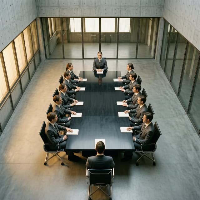 A cinematic, hyper‑realistic overhead shot of a boardroom, embodying the concept of absolute rationalism and strict discipline. The setting is a masterpiece of minimalist brutalist architecture, featuring clean geometric lines, polished grey concrete, and smooth glass surfaces. A group of professional employees, dressed in identical, impeccably tailored dark‑grey suits, are arranged in a perfectly symmetrical manner around a massive monolithic obsidian table. All those present maintain a strict, disciplined posture, their gazes fixed ahead with clinical precision, which reflects a culture of strict adherence to protocol. Warm light, an old office in Germany in the 1980s. The composition is perfectly centered and symmetrical; it uses one‑point perspective to create a sense of all‑consuming order and mathematical inevitability. The atmosphere is sterile, silent, and extremely serious. The shot is executed in the style of high-quality architectural photography with a shallow depth of field, emphasizing the flawless texture of steel, stone, and fabric. 8K resolution, high detail, shot with a Phase One XF camera, clinical aesthetics.