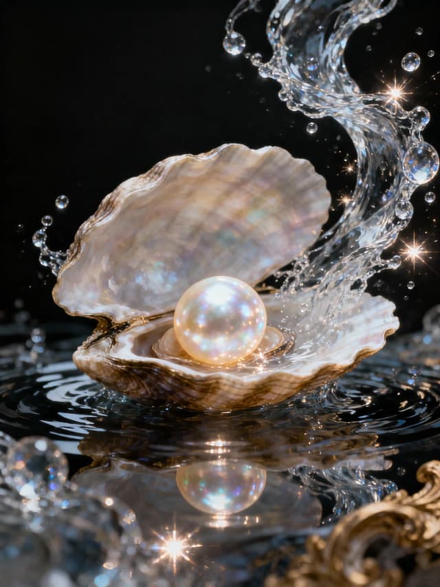 Digital image with double exposure. One pearl in the shell of a pearl mollusk. Background is dark with abstract complexly intertwined jets of transparent water, transparent drops, transparent splashes. Sparks. (Luminosity: 1.7). Multiple exposures, texturing, post-processing, retouching. High contrast, hyper-realism. Fantasy, modern, surrealism, plateresco, rococo. High detail, high quality.
