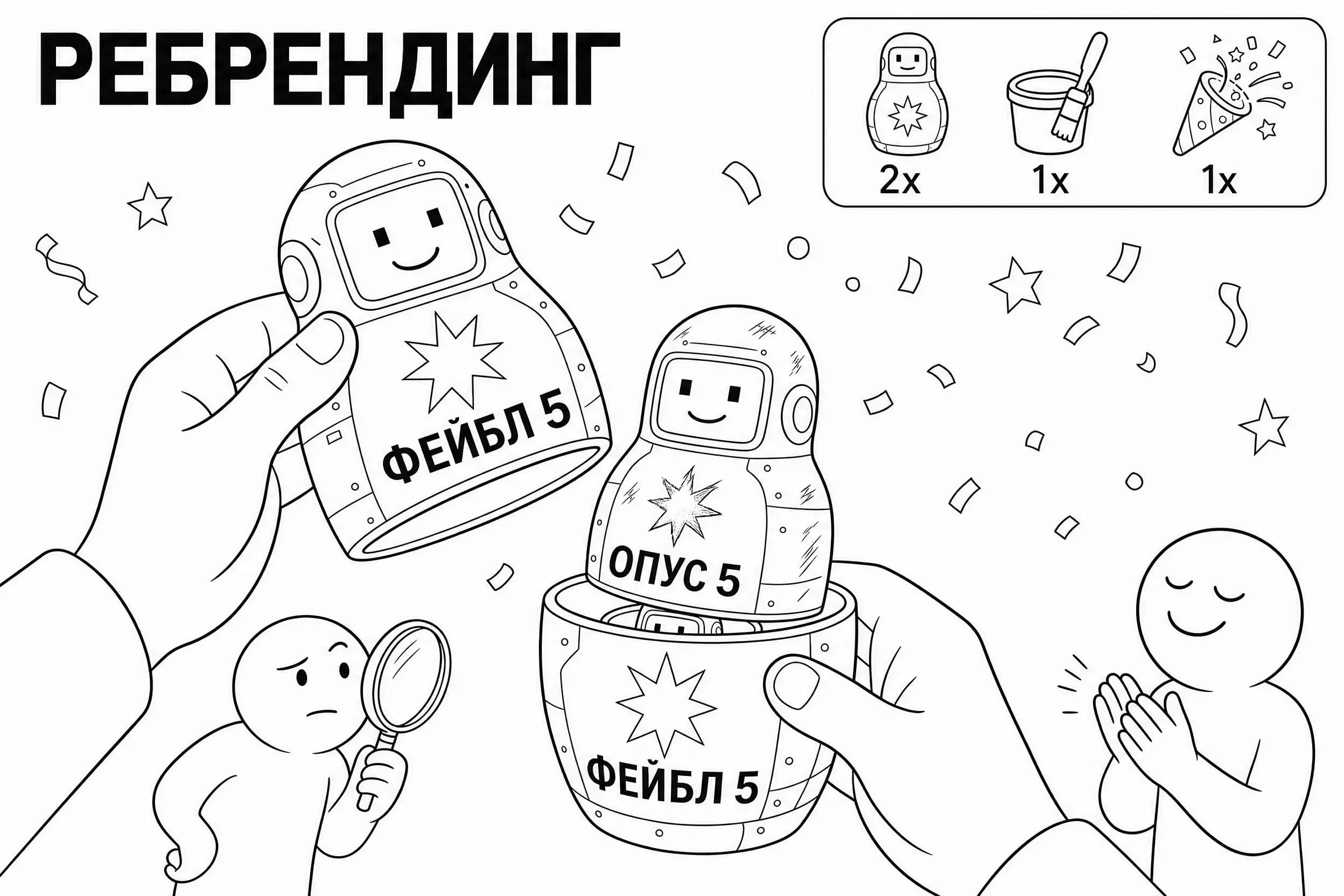 Parody of a furniture instruction page in the recognizable style of IKEA manuals, meme poster format with one large hero: black and white drawing with a confident thin black line on a white sheet of paper, no color, no fills, no shadows. TOP LEFT: huge bold black word REBRANDING in a chopped geometric font, no quotes or surrounding symbols. TOP RIGHT: parts panel - rounded rectangle, inside icons in a row with quantity under each: matryoshka doll - 2x, glue bucket with brush - 1x, confetti popper - 1x. CENTER OF THE SHEET - one large scene: two large hands have opened a large matryoshka doll in half - the top half in the left hand, the bottom in the right; the matryoshka doll is painted as a robot: square monitor face with a polite smile, an eight-pointed star on its belly and a large inscription FABLE 5, around it, confetti and holiday stars are also hanging in the air; inside the opened matryoshka doll stands a second, smaller matryoshka doll - exactly the same robot, but worn: a couple of scratches, a dull star and a large inscription OPUS 5 on its belly; the second matryoshka doll also has a visible seam in the middle - it is also opening, and the edge of something third is peeking out of the seam. Bottom left, a small person with a simple face looks at this through a magnifying glass, his eyebrow raised; bottom right, a second person continues to applaud with closed eyes, not noticing. Characters with simple faces and emotions, as in classic meme instructions. Text on the image - only: REBRANDING, FABLE 5, OPUS 5, 2x, 1x, 1x. No other inscriptions or logos. Black humor through serious technical presentation.