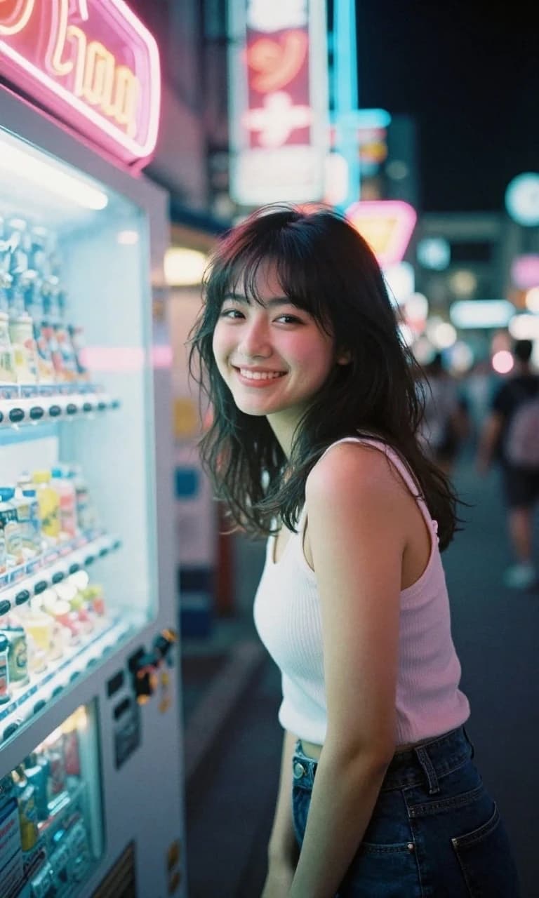 A slender 20-year-old Japanese woman with a playful, naughty smile, captured in a candid moment amidst the vibrant neon glow of 1980s Tokyo. The aesthetic is pure City Pop nostalgia, featuring a soft-focus analog photography style with visible film grain, light leaks, and a warm, retro color palette of pastel pinks and electric blues. She is framed in a cinematic medium shot, perhaps leaning against a sleek vintage car or standing near a glowing vending machine. The lighting is atmospheric and moody, utilizing high-contrast cinematic rim lighting from nearby neon signs to create a dreamy, lo-fi aesthetic. Shot on 35mm film, with authentic chromatic aberration and a slight motion blur that evokes a sense of urban nightlife and bittersweet nostalgia.