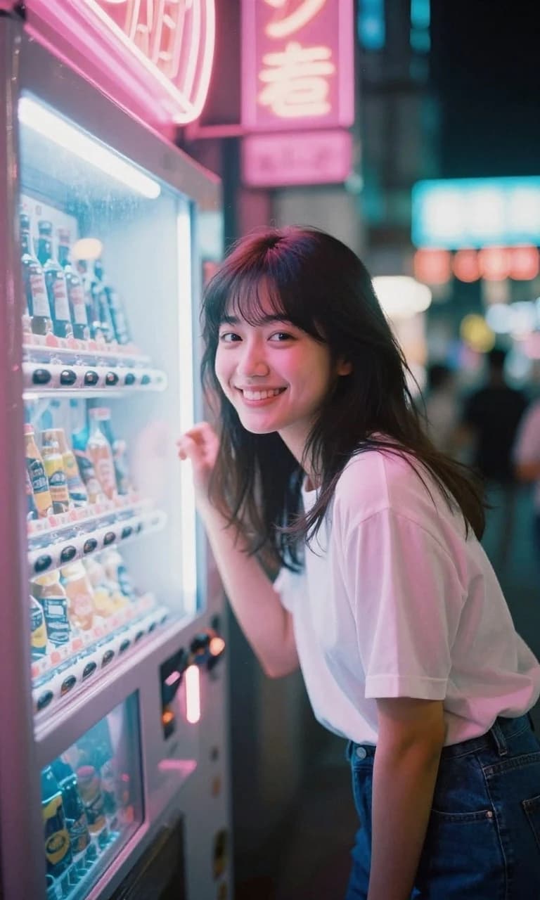 A slender 20-year-old Japanese woman with a playful, naughty smile, captured in a candid moment amidst the vibrant neon glow of 1980s Tokyo. The aesthetic is pure City Pop nostalgia, featuring a soft-focus analog photography style with visible film grain, light leaks, and a warm, retro color palette of pastel pinks and electric blues. She is framed in a cinematic medium shot, perhaps leaning against a sleek vintage car or standing near a glowing vending machine. The lighting is atmospheric and moody, utilizing high-contrast cinematic rim lighting from nearby neon signs to create a dreamy, lo-fi aesthetic. Shot on 35mm film, with authentic chromatic aberration and a slight motion blur that evokes a sense of urban nightlife and bittersweet nostalgia.
