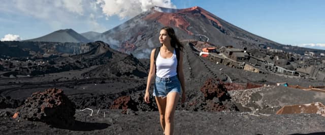 girl walking outside a volcano