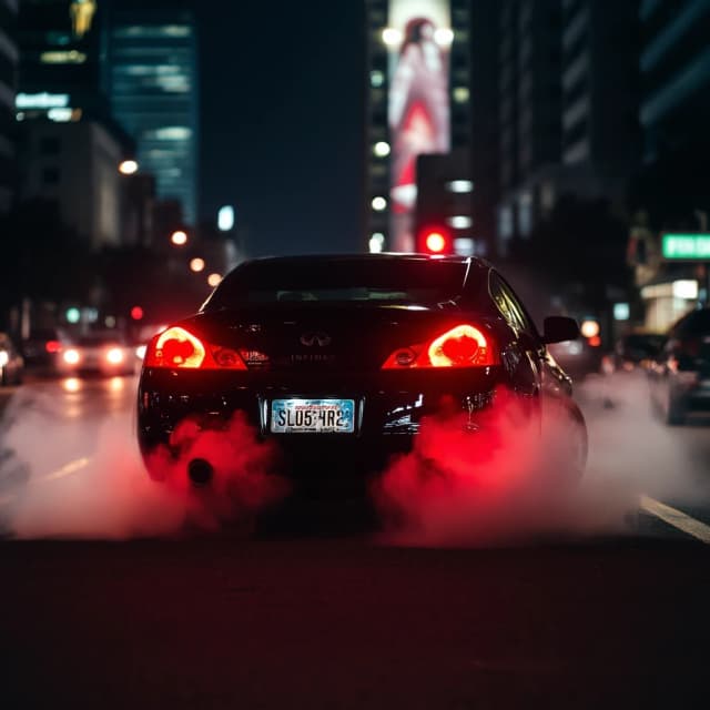 Infinity g35 делает бернаут на главной улице в ночном городе, тормоза раскалились, из колес идет дым, вид сзади