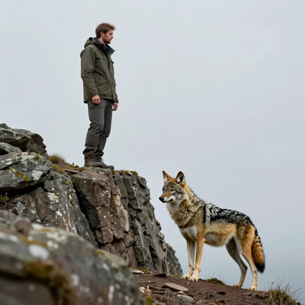 стоит мужчина на скале и рядом волчица  размеры 3000-3000