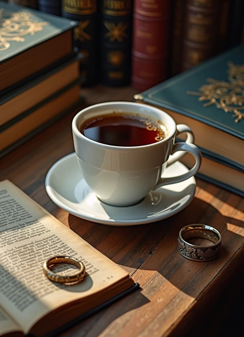 Чашка с кофе, книги, лабиринт, на столе лежит рыцарское кольцо