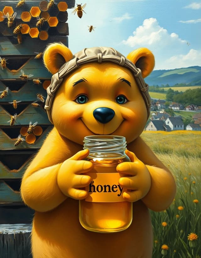 A masterpiece. Style: oil painting. (Image. How the artificial intelligence imagines: A good-natured village beekeeper, Winnie the Pooh Bear, against the background of beehives, in his hands he has a jar full of amber honey on the jar ("honey"), against the background of a meadow, a village can be seen in the distance, a blue cloudless sky. Expressive grey-green eyes, head turn 3:4):1.8. Intense close-up.  High quality. High resolution. Increased attention to fine details and texture. The artist is Russ Mills.