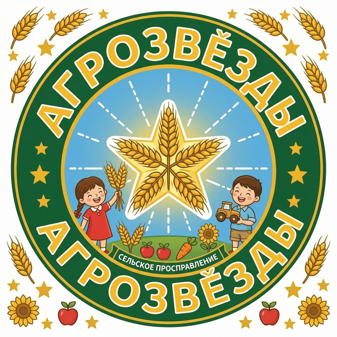 Эмблема с названием АГРОЗВЁЗДЫ. На эмблеме должна быть звезда, колосья ( Или звезда из колосьев), что- то сельскохозяйственное и могут быть дети. Эмблема должна быть яркая. В словах не должно быть ошибок, должно быть только одно слово АГРОЗВЁЗДЫ. Буквы должны быть русскими. с углов всё убрать в круг и сделать яркую