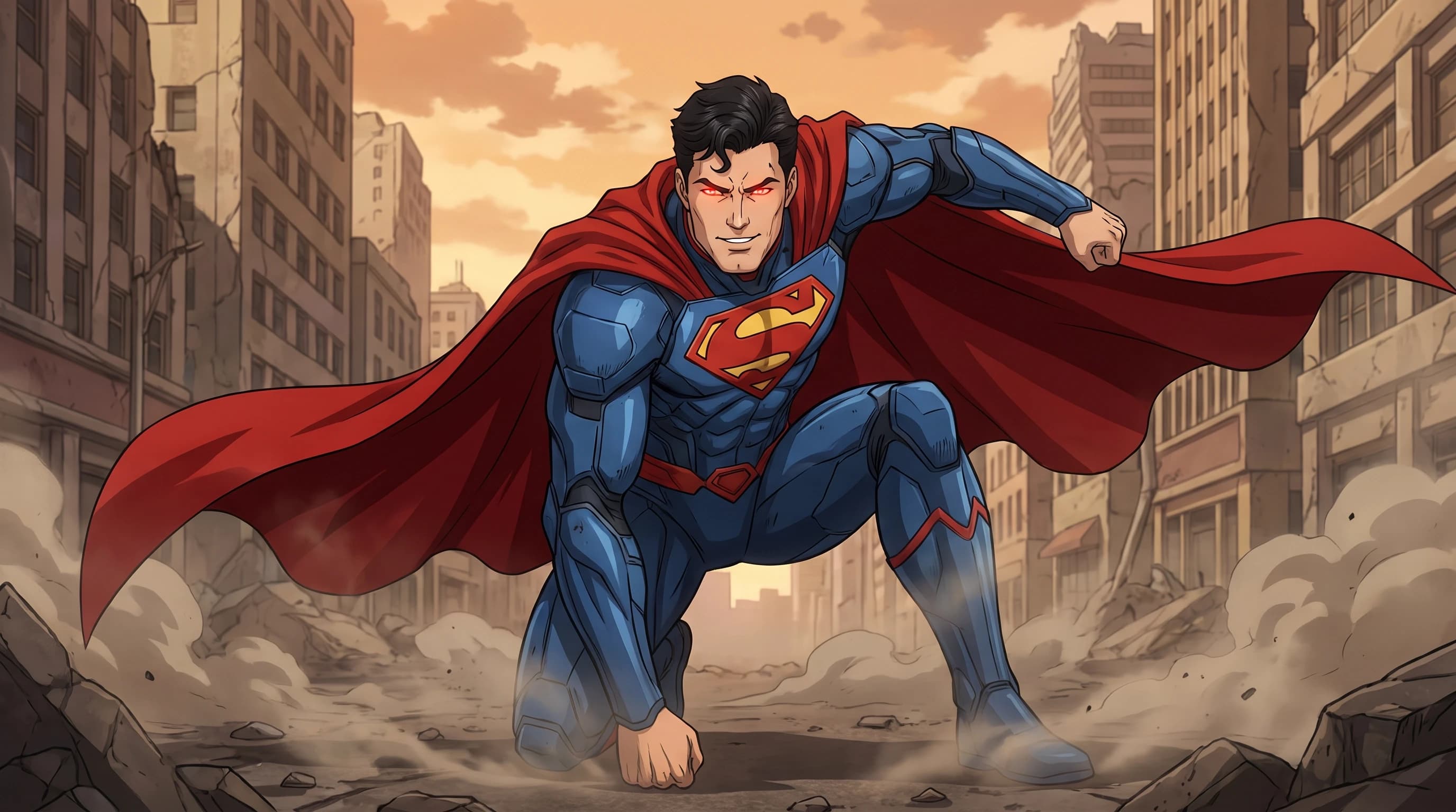 DC Comics (Франшиза), Супермен, уверенный взгляд, боевая стойка, стиль аниме с реалистичными деталями