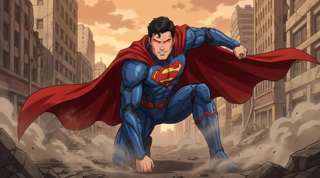 DC Comics (Франшиза), Супермен, уверенный взгляд, боевая стойка, стиль аниме с реалистичными деталями