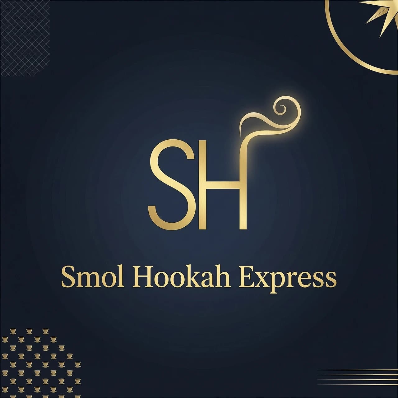 "Элегантный геометричный логотип в премиальном стиле для 'Smol Hookah Express'. Построен по правилу золотого сечения. Иконка представляет собой минималистичный монogram из букв 'S' и 'H', стилизованных под современную вазу кальяна, а тонкий завиток дыма образует букву 'E' (Express). Цвета — монохромное золото и глубокий синий полуночный оттенок. Название компании выполнено изысканным шрифтом с засечками. Тёмный фон с эффектом мягкого свечения, дорогой редакционный стиль."
Без каких-либо других надписей