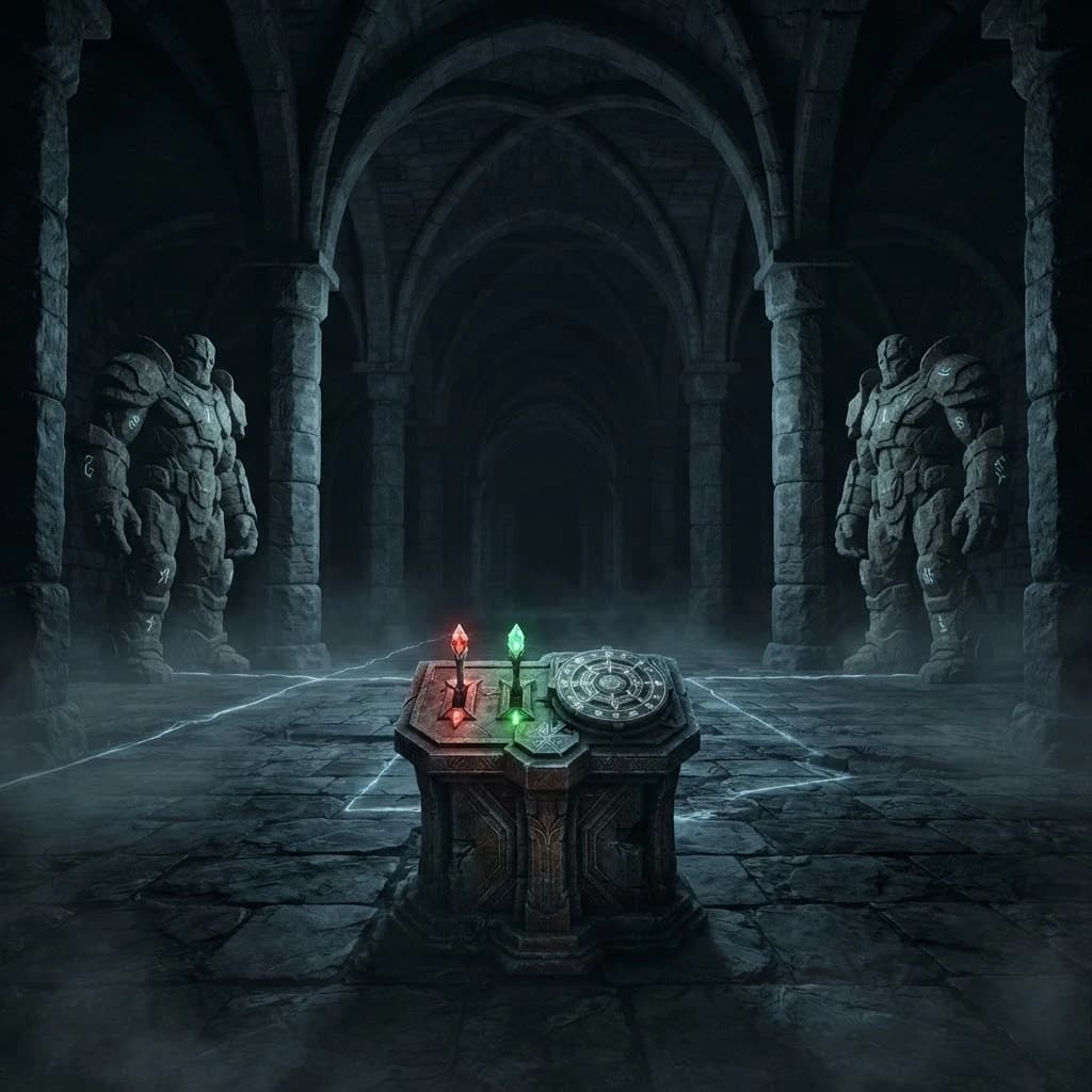 Dark fantasy Dungeons & Dragons dungeon, enormous ancient stone hall, high vaulted ceiling, massive stone columns, dark mysterious atmosphere.

Two gigantic stone guardian golems standing motionless on opposite sides of the hall, massive humanoid bodies, ancient and intimidating.

In the center foreground, an ancient magical control pedestal with three clearly visible controls: one lever with a glowing red crystal, one lever with a glowing green crystal, and one large circular rotating magical mechanism.

Faint magical energy lines glowing across the stone floor, connecting the central mechanism to the two golems.

Wide symmetrical composition, view from the entrance, control pedestal clearly visible in the foreground, giant golems on the left and right in the background, strong sense of scale.

Cold magical lighting, red and green crystal glow, subtle floor fog, deep shadows, ancient abandoned dungeon, ominous atmosphere.

Cinematic fantasy concept art, realistic stone and metal, highly detailed, dramatic lighting, volumetric light, epic scale, 16:9.

No characters, no combat, no modern technology, no sci-fi elements, no steampunk.