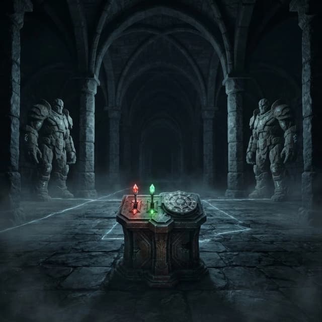 Dark fantasy Dungeons & Dragons dungeon, enormous ancient stone hall, high vaulted ceiling, massive stone columns, dark mysterious atmosphere.

Two gigantic stone guardian golems standing motionless on opposite sides of the hall, massive humanoid bodies, ancient and intimidating.

In the center foreground, an ancient magical control pedestal with three clearly visible controls: one lever with a glowing red crystal, one lever with a glowing green crystal, and one large circular rotating magical mechanism.

Faint magical energy lines glowing across the stone floor, connecting the central mechanism to the two golems.

Wide symmetrical composition, view from the entrance, control pedestal clearly visible in the foreground, giant golems on the left and right in the background, strong sense of scale.

Cold magical lighting, red and green crystal glow, subtle floor fog, deep shadows, ancient abandoned dungeon, ominous atmosphere.

Cinematic fantasy concept art, realistic stone and metal, highly detailed, dramatic lighting, volumetric light, epic scale, 16:9.

No characters, no combat, no modern technology, no sci-fi elements, no steampunk.