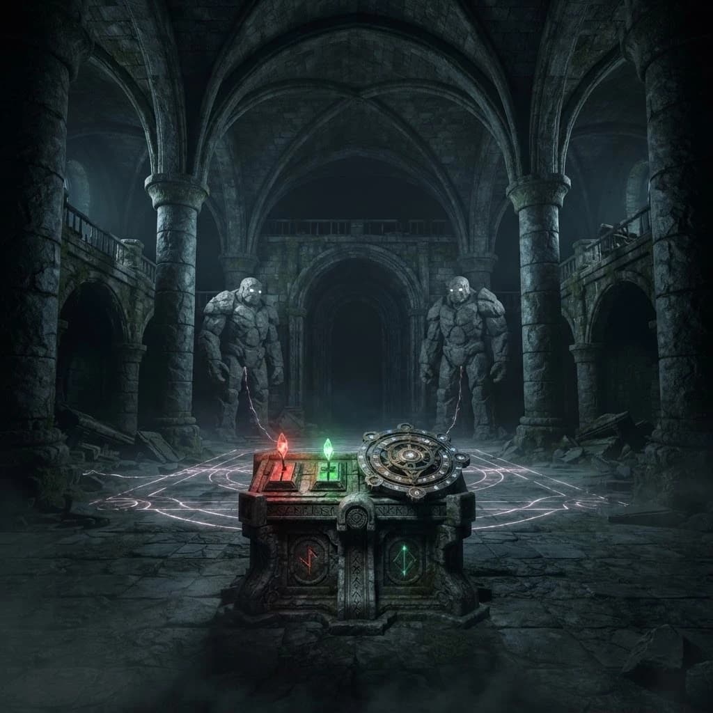 Dark fantasy Dungeons & Dragons dungeon, enormous ancient stone hall, high vaulted ceiling, massive stone columns, dark mysterious atmosphere.

Two gigantic stone guardian golems standing motionless on opposite sides of the hall, massive humanoid bodies, ancient and intimidating.

In the center foreground, an ancient magical control pedestal with three clearly visible controls: one lever with a glowing red crystal, one lever with a glowing green crystal, and one large circular rotating magical mechanism.

Faint magical energy lines glowing across the stone floor, connecting the central mechanism to the two golems.

Wide symmetrical composition, view from the entrance, control pedestal clearly visible in the foreground, giant golems on the left and right in the background, strong sense of scale.

Cold magical lighting, red and green crystal glow, subtle floor fog, deep shadows, ancient abandoned dungeon, ominous atmosphere.

Cinematic fantasy concept art, realistic stone and metal, highly detailed, dramatic lighting, volumetric light, epic scale, 16:9.

No characters, no combat, no modern technology, no sci-fi elements, no steampunk.