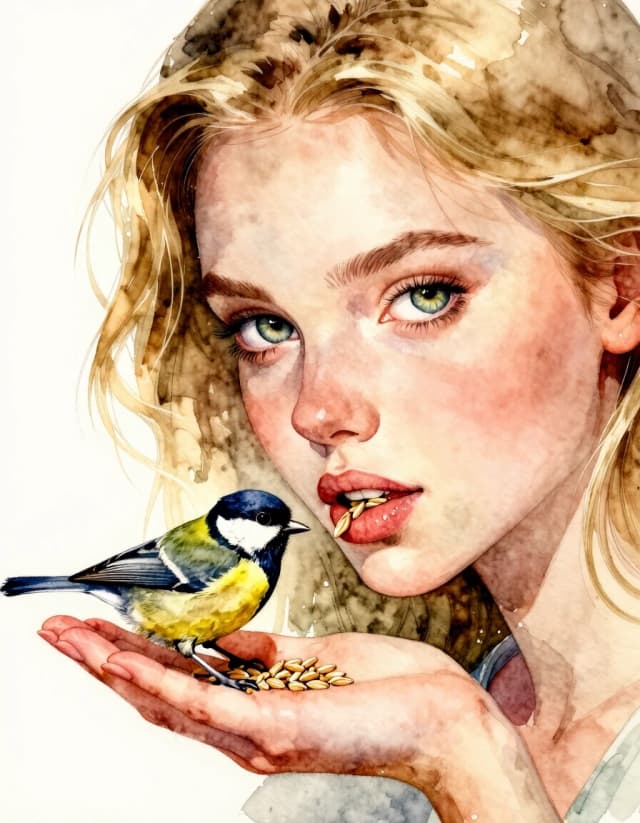 A masterpiece. Style: watercolour. (Image. A beautiful girl, a striking blonde with expressive gray‑green eyes and sharp facial features, is feeding a tit on her palm with wheat grains.):1.8. High quality. High resolution. Increased attention to small details and texture. Artist: Sergey Andriyaka.