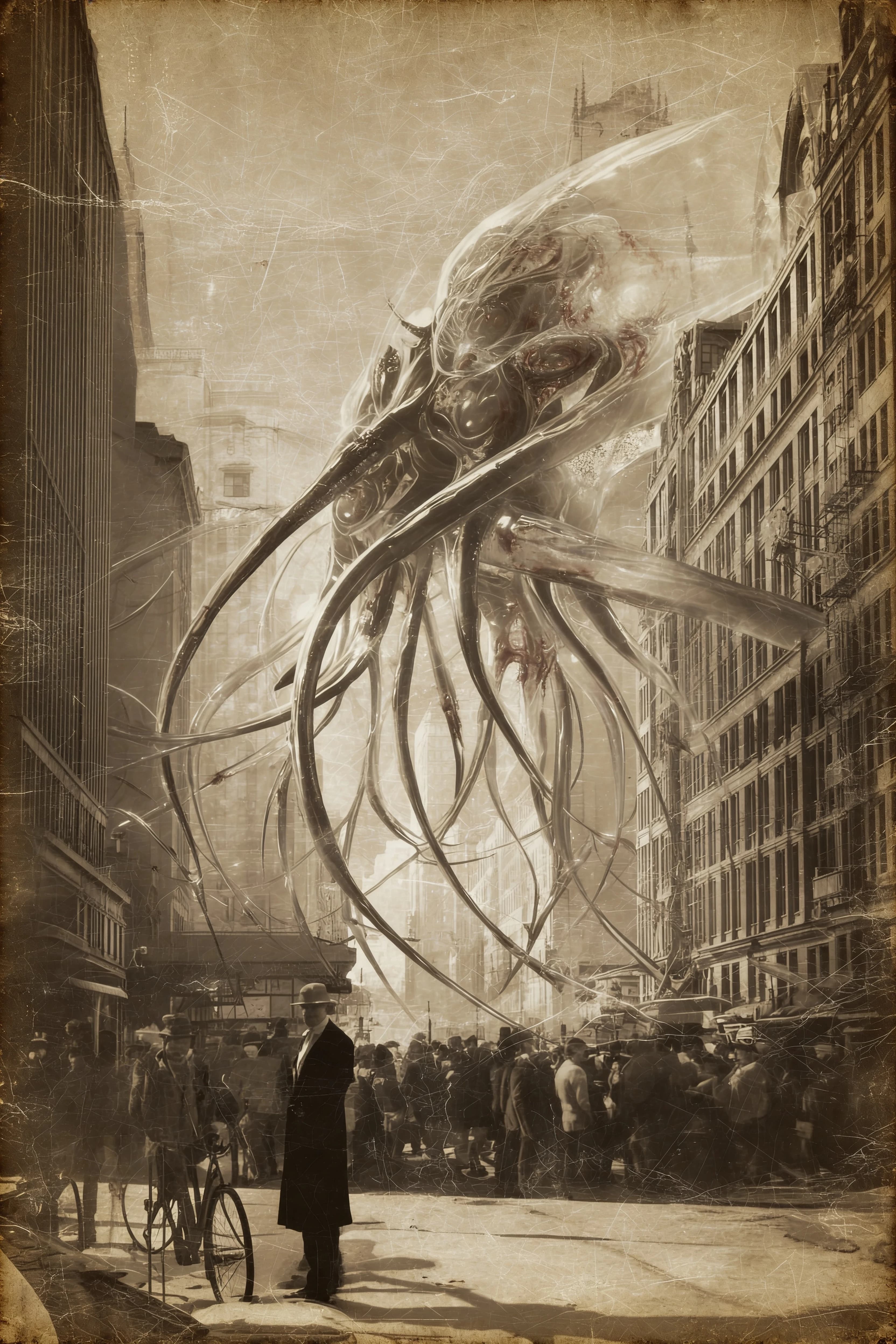 Sci-fi weird fiction illustration. SCP Foundation world's aesthetic. Metamorphic anomalies. Invasive biotransformations. Biological refractions. Metastatic organic structures. Aesthetic of 1930s photographs. Photo-like realistic imitation of surfaces, textures, physical and optical effects and shapes.

Save the composition, perspective, angle, colors palette from the attached image. Follow exactly the style, genre, aesthetic, conception, idea described on the first paragraph. Correct repaint wrong and badly drawn elements on the image according to the main image composition and the promt of the first paragraph.