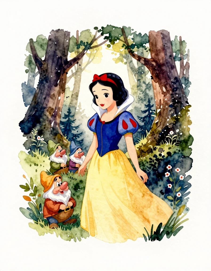 A masterpiece. Creating an image. The style is watercolor painting. Delicate watercolor on raw material.((Snow White and (the Seven Dwarfs:1.7), against the background of a fantastic forest, on a sunny beautiful day:1.6)). High resolution. High detail and clear texture. Close-up. High quality. Increased attention to small details. The aspect ratio is 3:4. The artists are Levitan, Shishkin.