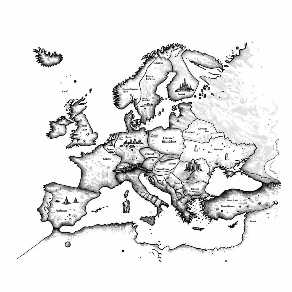 top-down authentic gritty dark fantasy large-scale strategic nautical map, high-detail medieval woodcut style, inspired by Tainted Grail: Fall of Avalon. Pure white background with sharp, ultra-thin black outlines, strictly no frame, no borders, no fills, no gradients, clean line art. The sea area is rendered with realism, using fine vintage wave etching, strictly no shipping lanes, strictly no sea routes, strictly no surrounding islands, strictly no sea beasts. Sharp, realistic coastlines feature minimal, clean traditional dark fantasy cartography outline hatching to ensure clarity. The map depicts one single massive continent island, rendered as a detailed hand-drawn topography layout where numerous tiny points of interest are randomly scattered across its diverse territories, leaving plenty of empty space between them. The island features multiple randomly scattered landmarks divided by distinct biomes including Volcanoes, Frozen Fortresses, Megalithic Castle Ruins, Ruined Castles, Sunken Ruins, Glacial Rivers, Overgrown Temples, Abandoned Cathedrals, Ancient Altars, Swamps, Ice Caves, Ice Canyons, Cursed Monoliths, Caves, Burnt Forests, Wooden Bridges, Stone Obelisks, Rope Bridges, Ritual Altars, Lone Watchtowers, Deserted Villages, Plagued Dungeons, Execution Grounds. Every object, terrain line, and topographic feature is rendered exclusively as a hollow, high-contrast gritty medieval engraving line. Strictly zero solid black blocks, strictly zero text words, highly detailed masterwork.