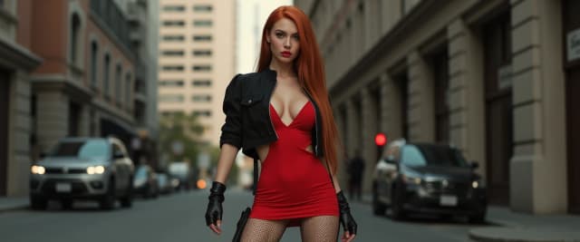 The girl is a human, very beautiful, full-length appearance, emerald-colored eyes, sly eyes ("Fox eyes"), bright scarlet lip color with natural luster, domineering gaze, straight fiery scarlet and full-length hair down to the pelvic area, the girl is dressed in a bright red short dress covering pelvic area, fishnet stockings on her feet, black boots below the girl's knees, a black short jacket with an open bust, breasts bulging out of the jacket, breasts perfectly fitting in size 3, ultra-realistic texture of velvety skin, realistic details of the female biological body, realistically highlighted biological details of the female body, natural skin with a natural shine and human skin tone, perfect physique, narrow hips, legs, waist, arms in a loose position, 2 legs, standing on his feet, full height with boots, no fox ears, no fox tail, create an urban background