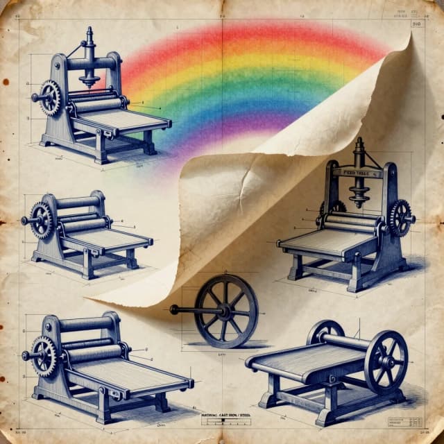 Create a square image based on this description. Replicate the colors from the attached file exactly, but do not copy the arrangement of objects and drawings; the image should match the style and color scheme while featuring a different layout of details.
A highly detailed vintage engineering poster: central photorealistic curled sheets of aged paper with visible fibers and creases cascading across the composition, casting soft realistic shadows and highlights; beneath and around the paper, multiple engraved pen-and-ink technical drawings of a 19th-century printing press—side elevation, perspective, section views, gear trains, rollers, hand crank wheel and delivery table—rendered in deep indigo blueprint lines with stippling and crosshatch shading, numbered callouts, dimension lines in mm, labels like "FEED TABLE," "DRIVE GEAR," "MATERIAL: CAST IRON / STEEL," scale and drawing number in a title block; background textured cream parchment with faint construction grid, ink splatters and age stains; vibrant halftone rainbow gradient overlay behind upper elements (red to violet) for pop-art contrast; crisp high-resolution, mix of technical precision and tactile realism, cinematic side lighting, shallow depth of field, balanced composition for poster print.