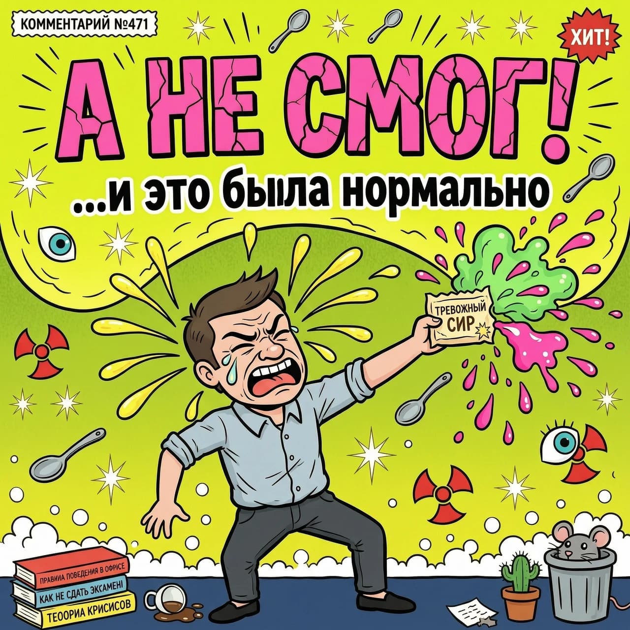 2D яркая векторная иллюстрация в стиле мем-комиксов и поп-арта. В центре — творожный сырок в обёртке с надписью «ТРЕВОЖНЫЙ», из него вырывается ядовито-зелёный дым и кислотно-розовая жижа. Персонаж — парень в офисной рубашке, лицо искажено от отвращения, язык высунут, слёзы летят, он выбрасывает сырок в сторону. Над ним огромная надпись кракелюрным шрифтом: «А НЕ СМОГ!». На заднем плане — гигантская агрессивная волна ядовито-жёлтого цвета с красными прожилками, она нависает и вот-вот накроет сцену. На волне мелкие детали: летающие ложки, искры, знак радиации, глазные яблоки. Цвета — неоновый розовый, токсичный салатовый, кислотный жёлтый, контрастный чёрный. Стиль — грубый контур, плоская заливка, зернистая текстура, динамичный хаос, абсурд, атмосфера паники и стёба.