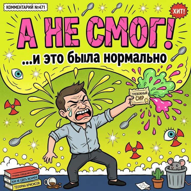 2D яркая векторная иллюстрация в стиле мем-комиксов и поп-арта. В центре — творожный сырок в обёртке с надписью «ТРЕВОЖНЫЙ», из него вырывается ядовито-зелёный дым и кислотно-розовая жижа. Персонаж — парень в офисной рубашке, лицо искажено от отвращения, язык высунут, слёзы летят, он выбрасывает сырок в сторону. Над ним огромная надпись кракелюрным шрифтом: «А НЕ СМОГ!». На заднем плане — гигантская агрессивная волна ядовито-жёлтого цвета с красными прожилками, она нависает и вот-вот накроет сцену. На волне мелкие детали: летающие ложки, искры, знак радиации, глазные яблоки. Цвета — неоновый розовый, токсичный салатовый, кислотный жёлтый, контрастный чёрный. Стиль — грубый контур, плоская заливка, зернистая текстура, динамичный хаос, абсурд, атмосфера паники и стёба.